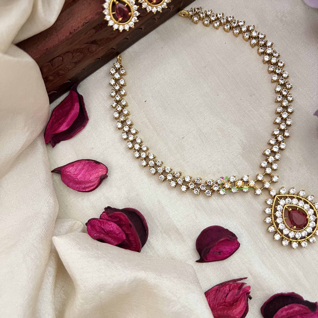 Vriksham Premiums AD Stone Pear Design Neckpiece-Red-G20387