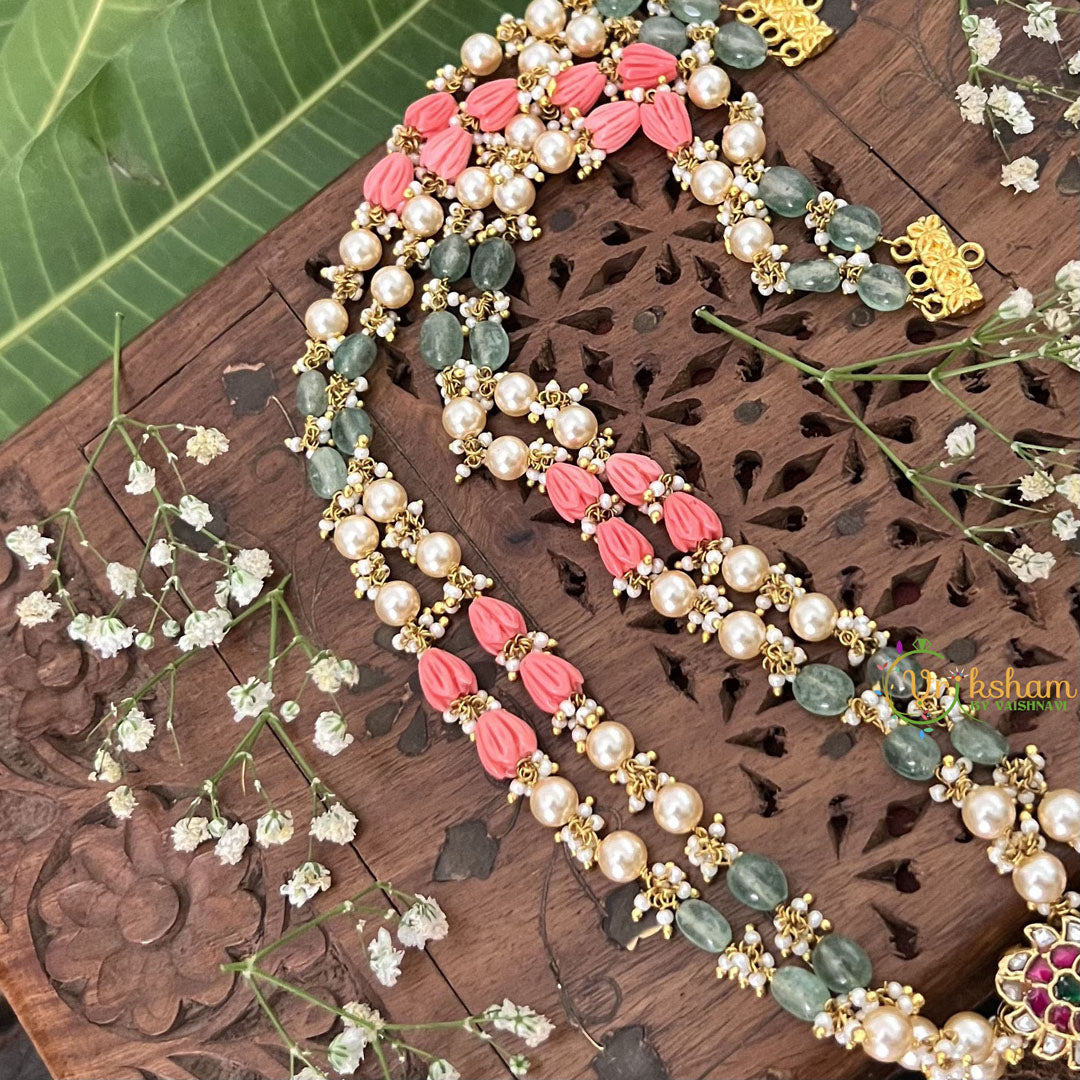 Vriksham Peacock Pendant 2 Layer Green Beaded Mala-Red White-White Aqua Bead-J3328