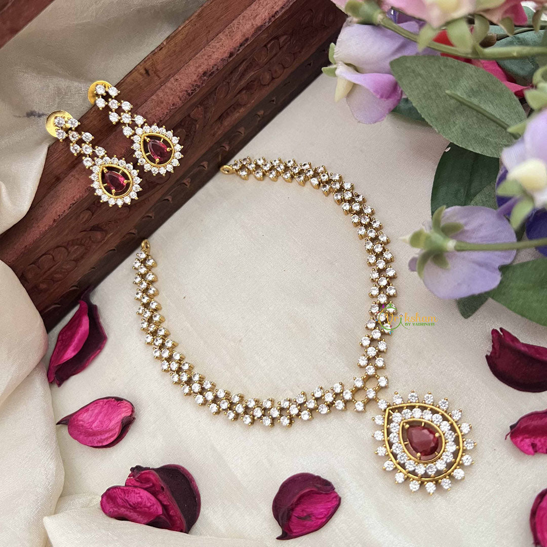 Vriksham Premiums AD Stone Pear Design Neckpiece-Red-G20387