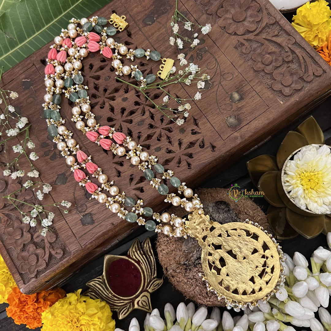 Vriksham Peacock Pendant 2 Layer Green Beaded Mala-Red White-White Aqua Bead-J3328