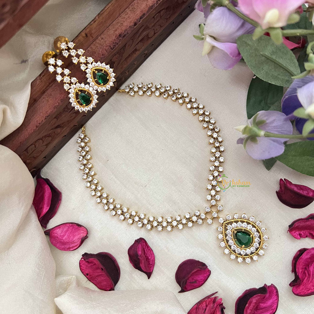 Vriksham Premiums AD Stone Pear Design Neckpiece-Green-G20388