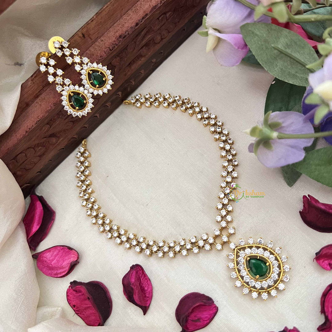 Vriksham Premiums AD Stone Pear Design Neckpiece-Green-G20388