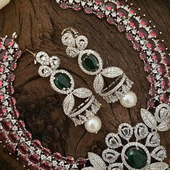 Designer American Diamond Short Neckpiece -Red Green-Pearl-G12612