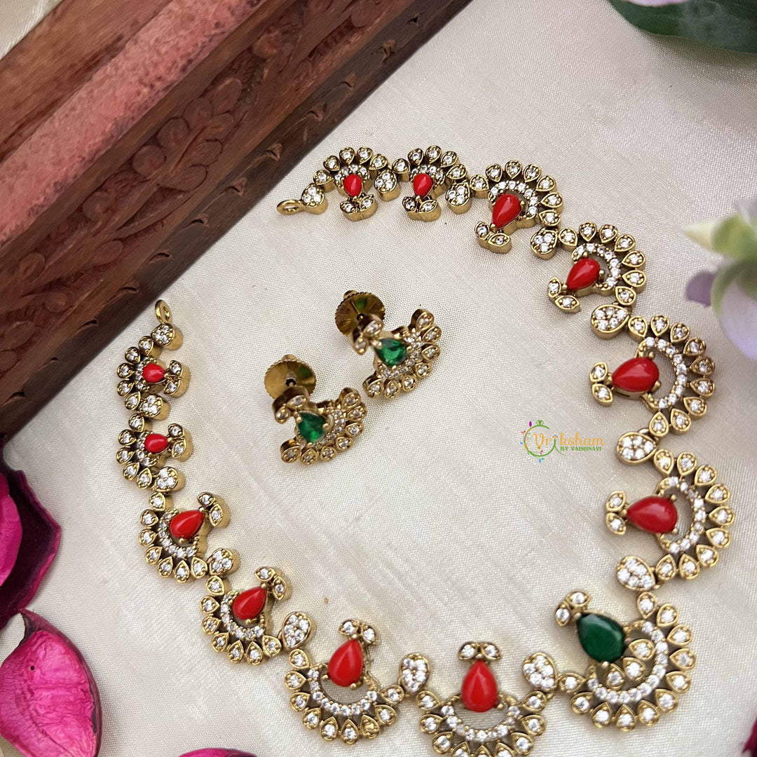 Vriksham Royal Ethnic Charm AD Stone Neckpiece-Coral-G20410