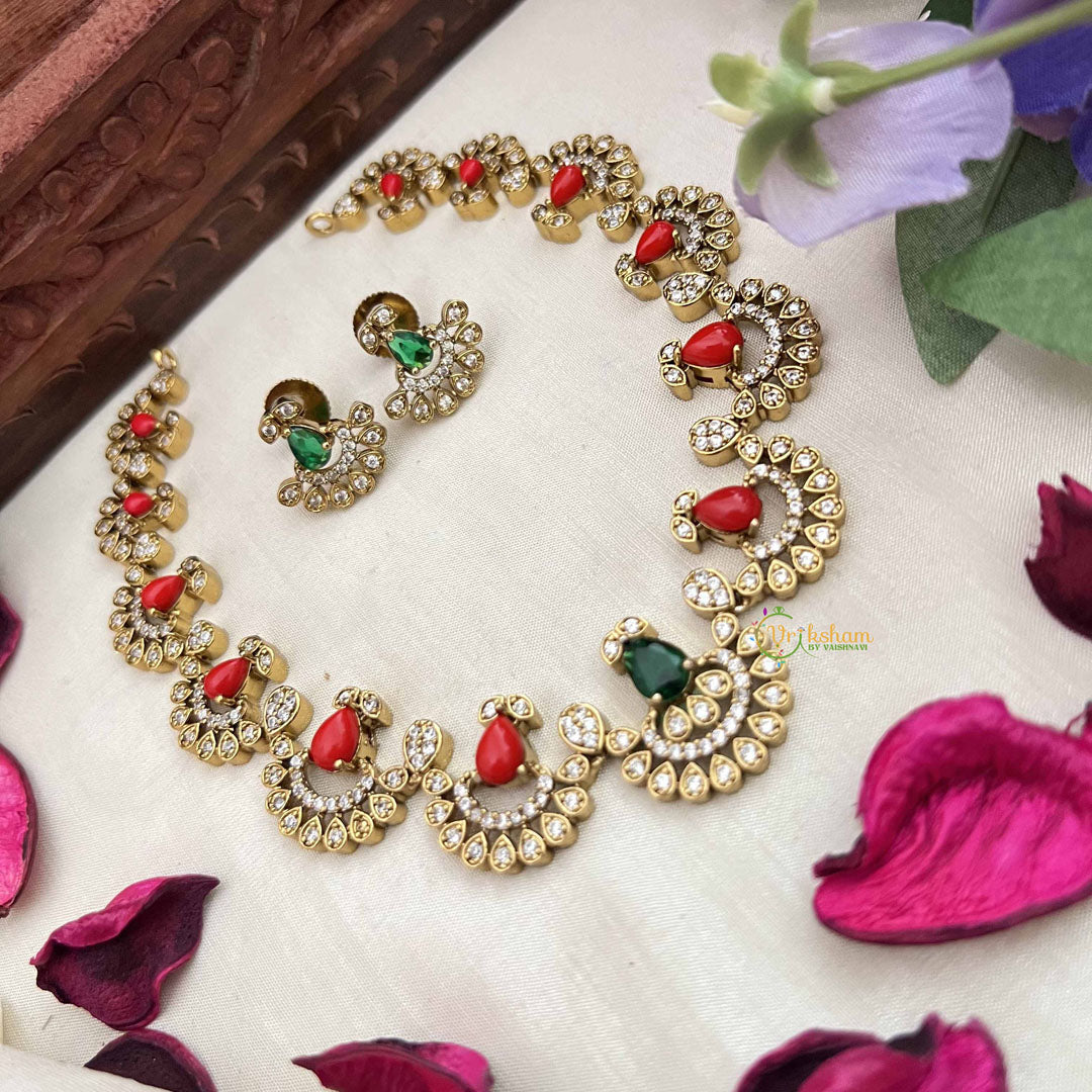 Vriksham Royal Ethnic Charm AD Stone Neckpiece-Coral-G20410