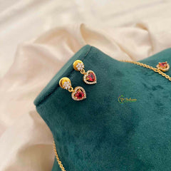 Vriksham Ruby Red Heart Dangle Necklace Set With Matching Studs Pendant Chain-G21812