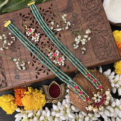 Vriksham Half Moon Pendant Jadau Kundan 3 Layered Aqua Green Mala-Off White Beads-J3282