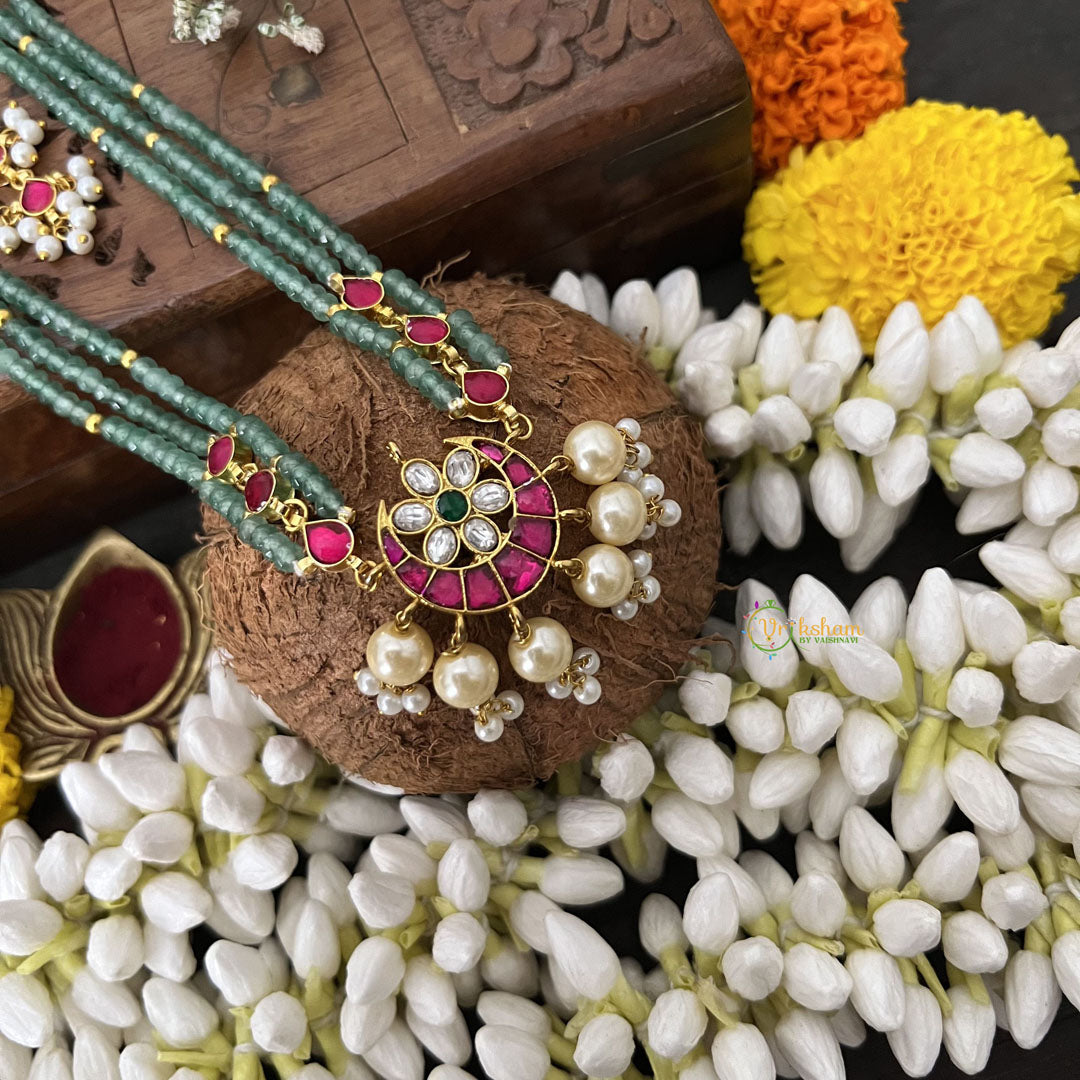 Vriksham Half Moon Pendant Jadau Kundan 3 Layered Aqua Green Mala-Off White Beads-J3282