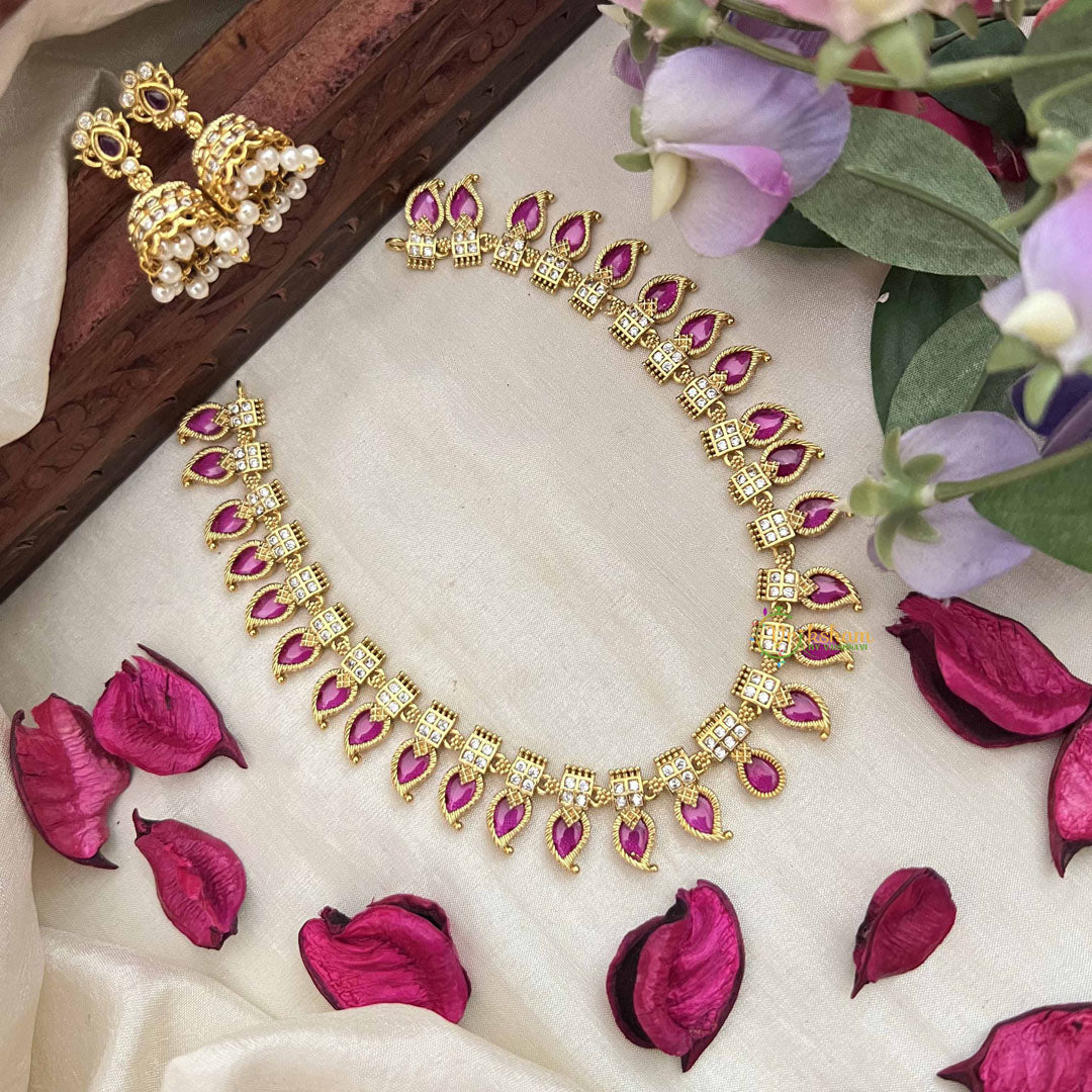 Vriksham Antique Red Ruby Manga Paisleys & AD Stone Square Charm Neckpiece-G20415