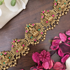 Vriksham Lakshmi With Dual Peacock Bridal Hip Chain-Gold Bead-Red Green-G17616
