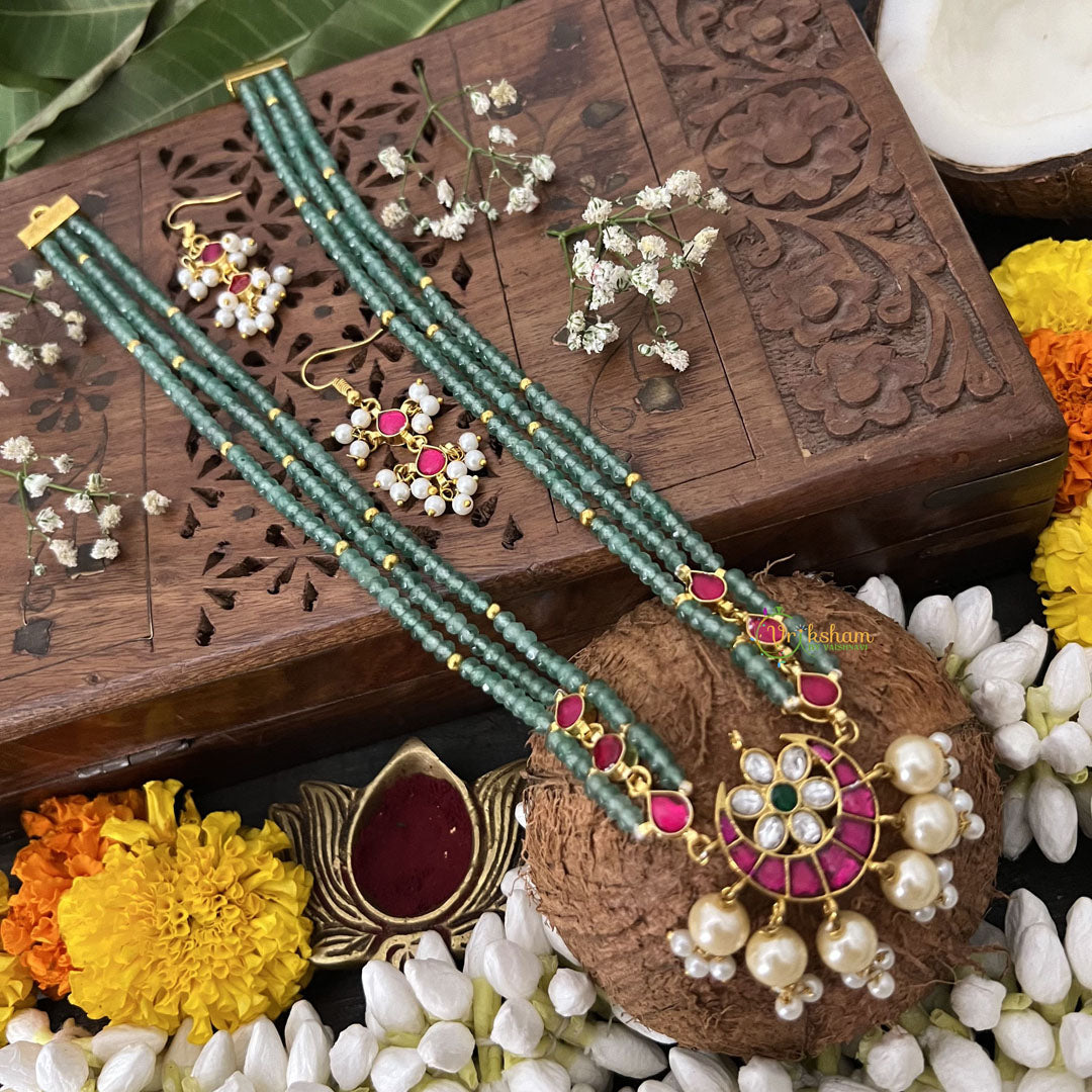 Vriksham Half Moon Pendant Jadau Kundan 3 Layered Aqua Green Mala-Off White Beads-J3282
