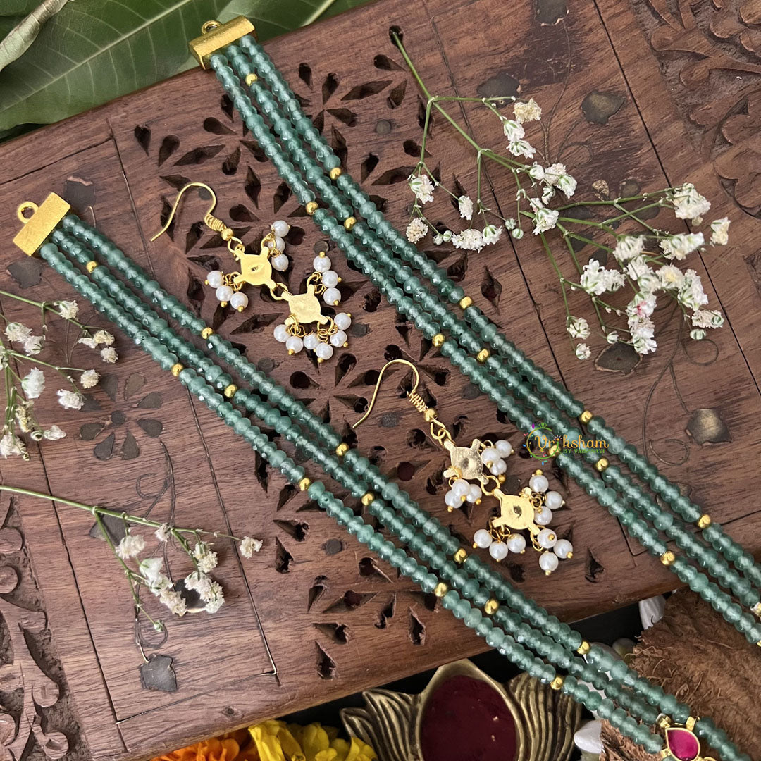 Vriksham Half Moon Pendant Jadau Kundan 3 Layered Aqua Green Mala-Off White Beads-J3282