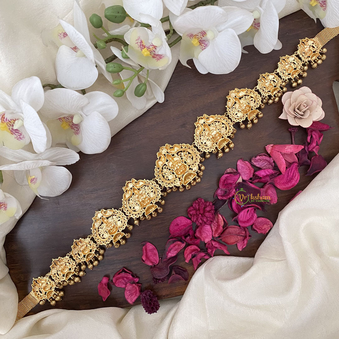 Vriksham Lakshmi With Dual Peacock Bridal Hip Chain-Gold Bead-Red Green-G17616