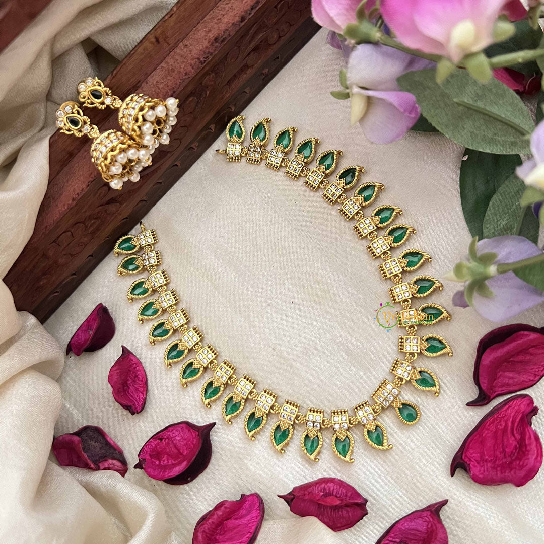 Vriksham Antique Green Emerald Manga Paisleys & AD Stone Square Charm Neckpiece-G20413