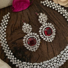 Elegant American Diamond Short Neckpiece -Red-G12614