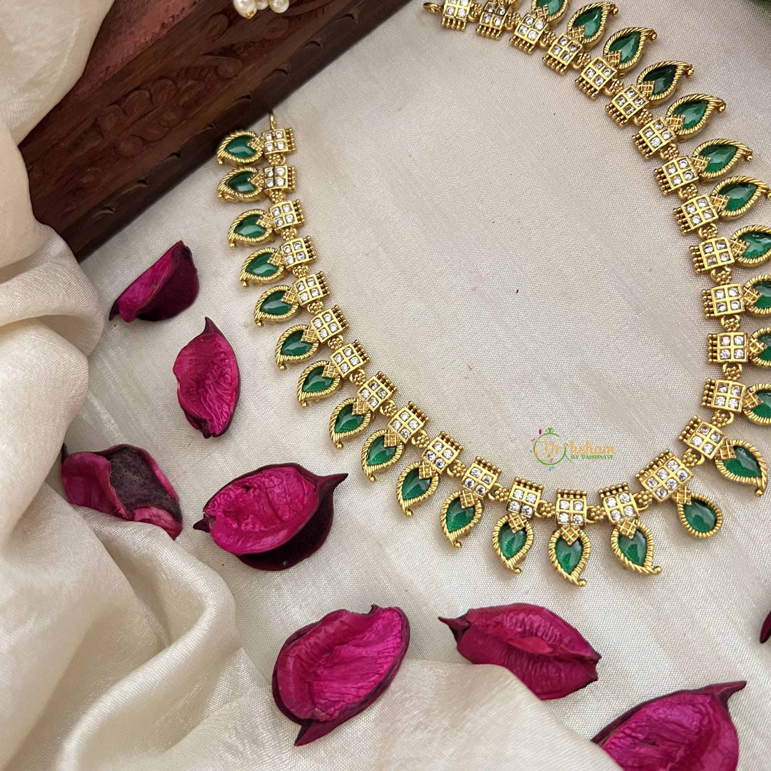 Vriksham Antique Green Emerald Manga Paisleys & AD Stone Square Charm Neckpiece-G20413