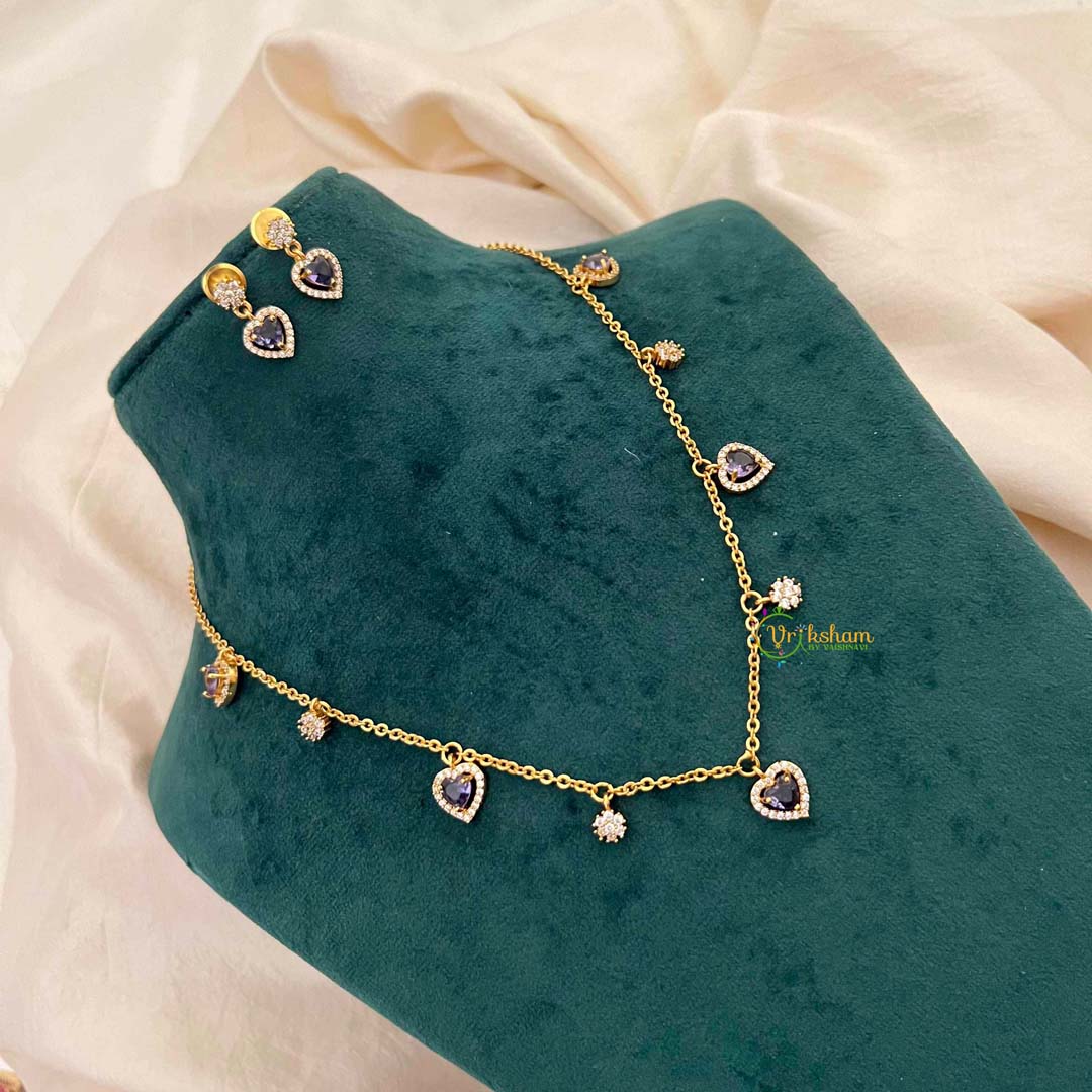 Vriksham Classic Heart Dangle Necklace Set With Matching Studs Pendant Chain-Purple-G21814