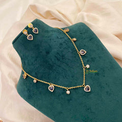 Vriksham Classic Heart Dangle Necklace Set With Matching Studs Pendant Chain-Purple-G21814