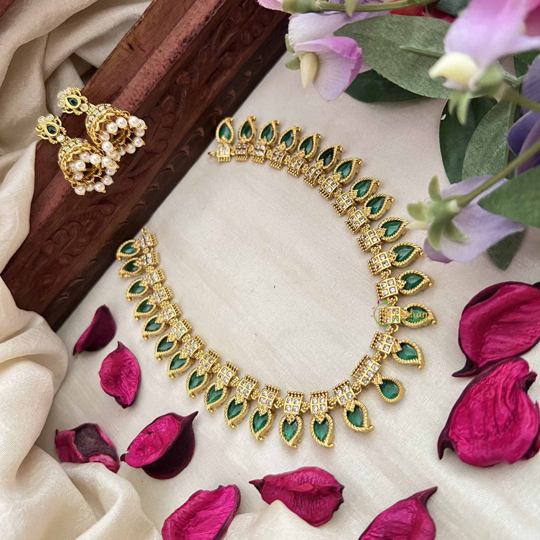 Vriksham Antique Green Emerald Manga Paisleys & AD Stone Square Charm Neckpiece-G20413