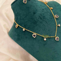 Vriksham Classic Heart Dangle Necklace Set With Matching Studs Pendant Chain-Purple-G21814