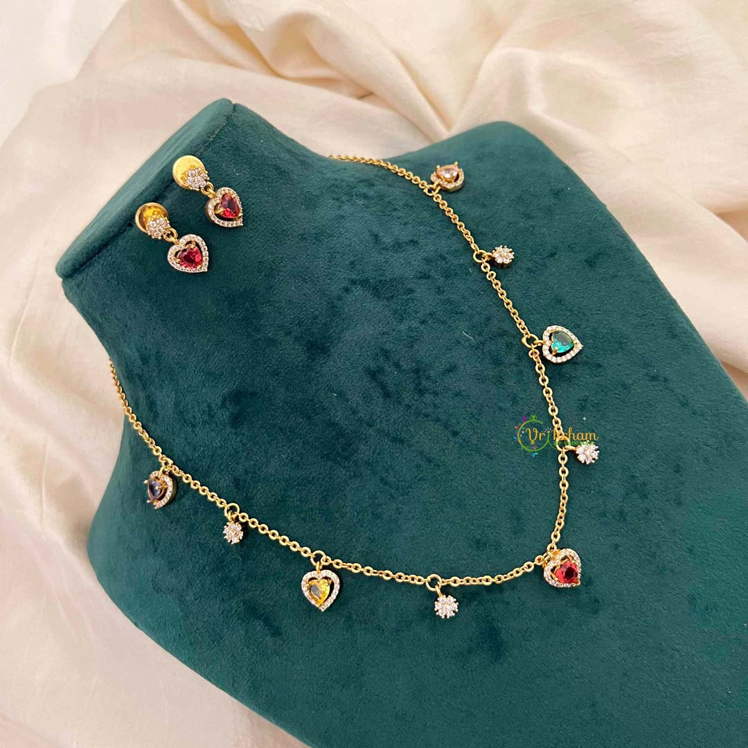 Vriksham Classic Multi Color Heart Dangle Necklace Set With Matching Studs Pendant Chain-G21815