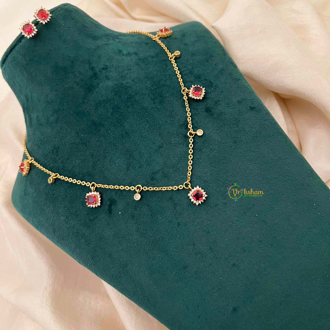 Vriksham Ruby Red & Cubic Zirconia Dainty Charm Necklace Set With Matching Studs Pendant Chain-G21816