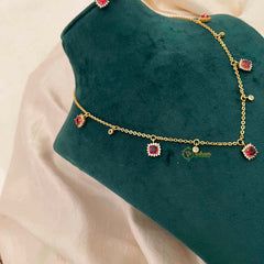 Vriksham Ruby Red & Cubic Zirconia Dainty Charm Necklace Set With Matching Studs Pendant Chain-G21816
