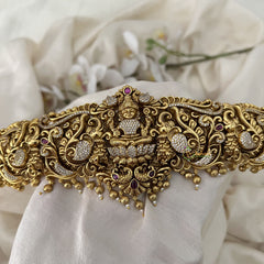 Vriksham Antique Gold Goddess Waist Belt With Peacock  AD Stone Motif Bridal Hipbalt-Red-Gold Bead-G19624