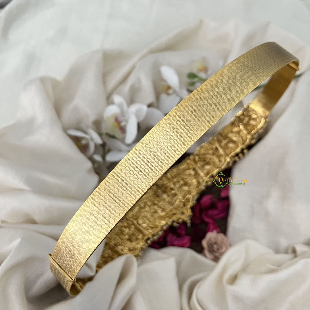 Vriksham Antique Gold Goddess Waist Belt With Peacock  AD Stone Motif Bridal Hipbalt-Red-Gold Bead-G19624