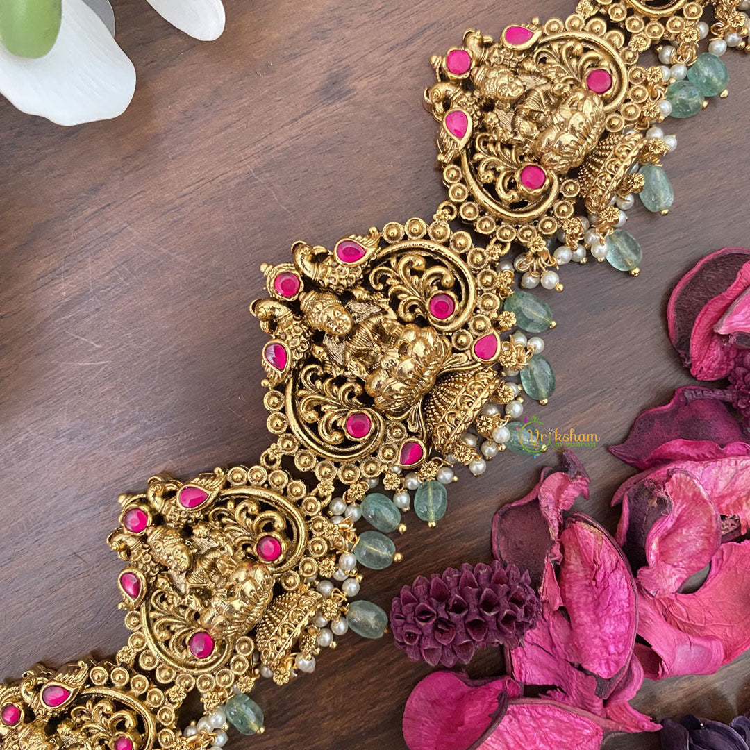 Vriksham Lakshmi With Dual Peacock Bridal Hip Chain-Pastel Green Bead-Red-G17617