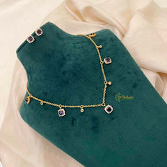 Vriksham Cubic Zirconia Dainty Charm Necklace Set With Matching Studs Pendant Chain-Purple-G21818