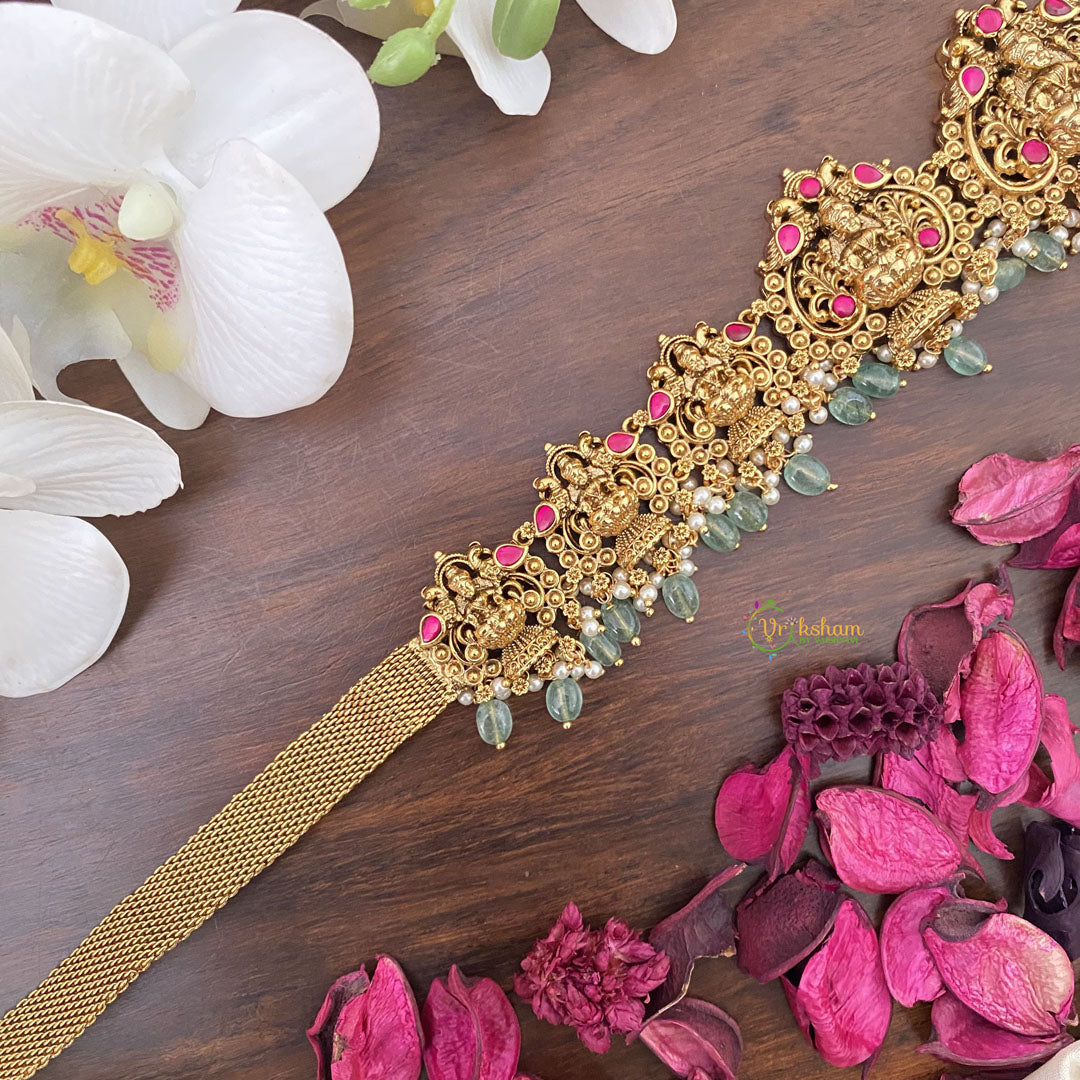 Vriksham Lakshmi With Dual Peacock Bridal Hip Chain-Pastel Green Bead-Red-G17617
