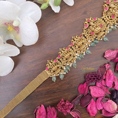 Vriksham Lakshmi With Dual Peacock Bridal Hip Chain-Pastel Green Bead-Red-G17617