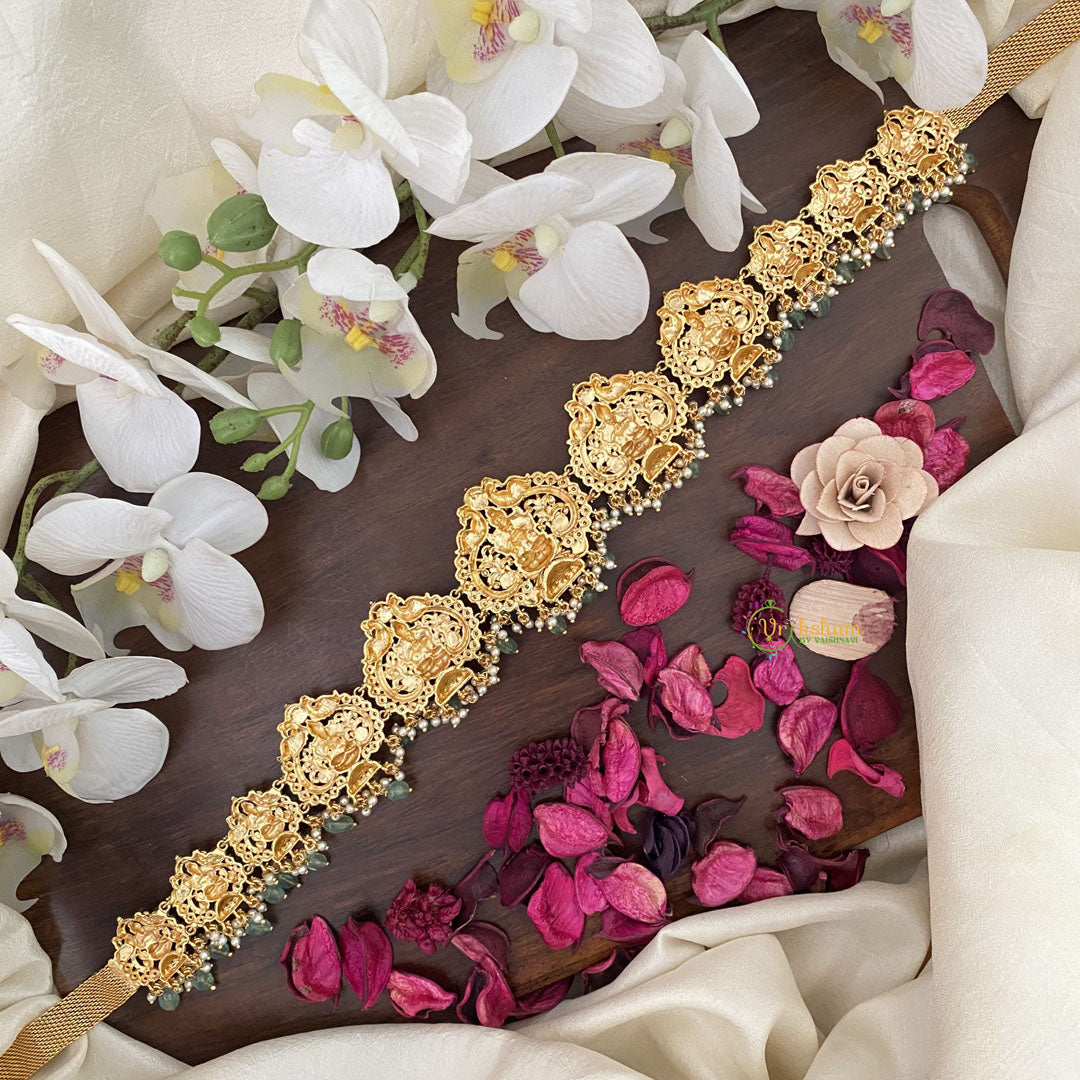 Vriksham Lakshmi With Dual Peacock Bridal Hip Chain-Pastel Green Bead-Red-G17617