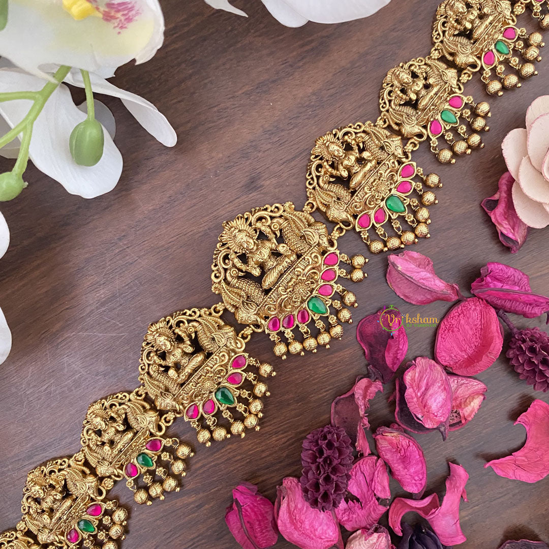 Vriksham Designer Lakshmi With Dual Peacock Bridal Hip Chain-Gold Bead-Red-G17622