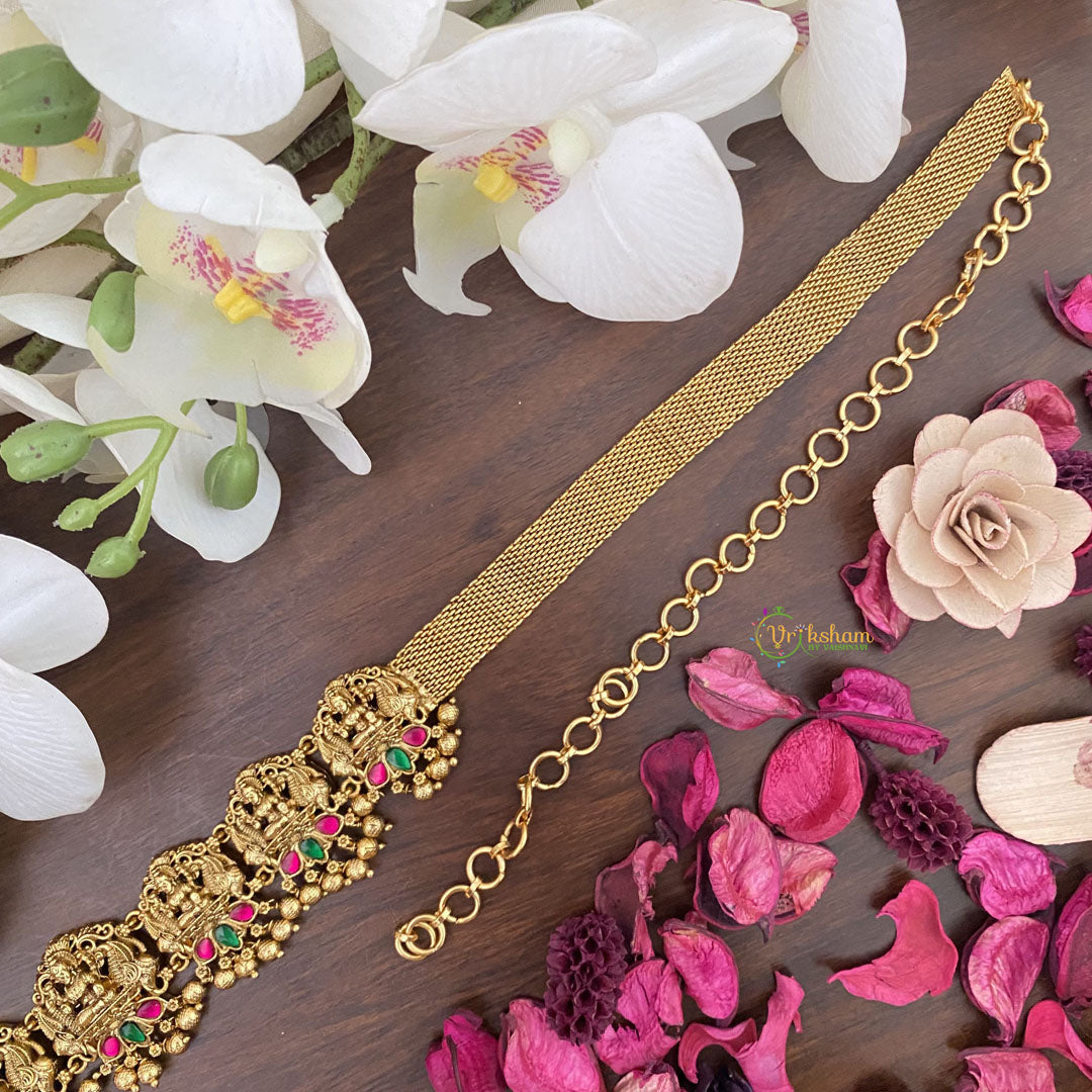 Vriksham Designer Lakshmi With Dual Peacock Bridal Hip Chain-Gold Bead-Red-G17622