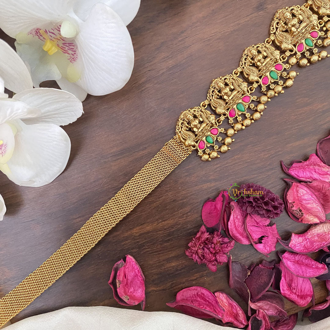 Vriksham Designer Lakshmi With Dual Peacock Bridal Hip Chain-Gold Bead-Red-G17622