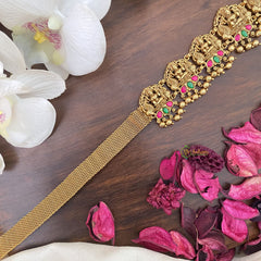 Vriksham Designer Lakshmi With Dual Peacock Bridal Hip Chain-Gold Bead-Red-G17622