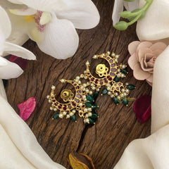 Vriksham Unique Half Moon Style Earrings-Green Beads-Pearls-G16650
