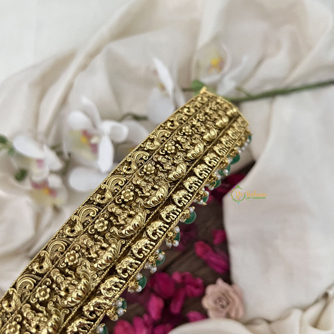Vriksham Antique Gold Lakshmi Temple Vaddanam with Pearl Drops Bridal Hipbalt-Green Bead-G19626