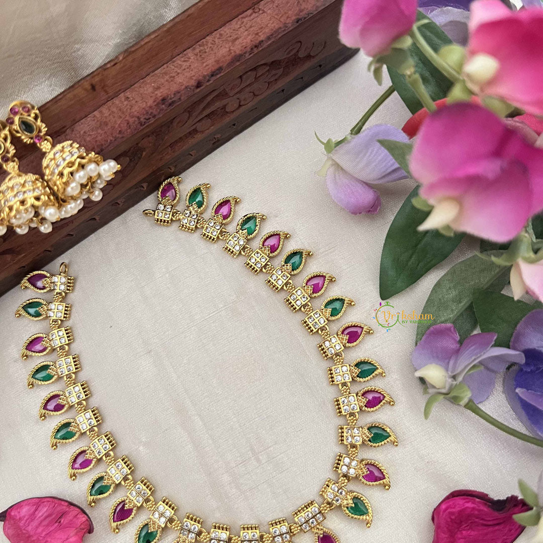 Vriksham Antique Red & Green Manga Paisleys & AD Stone Square Charm Neckpiece-G20414
