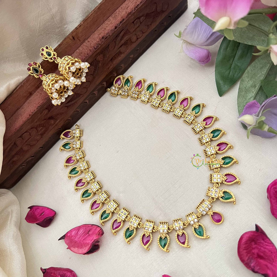 Vriksham Antique Red & Green Manga Paisleys & AD Stone Square Charm Neckpiece-G20414