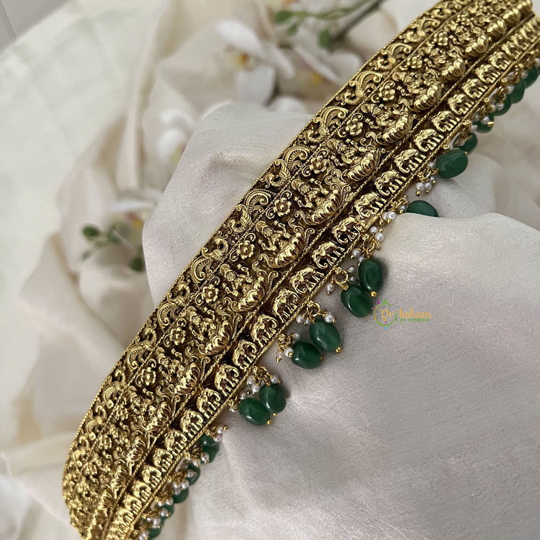 Vriksham Antique Gold Lakshmi Temple Vaddanam with Pearl Drops Bridal Hipbalt-Green Bead-G19626