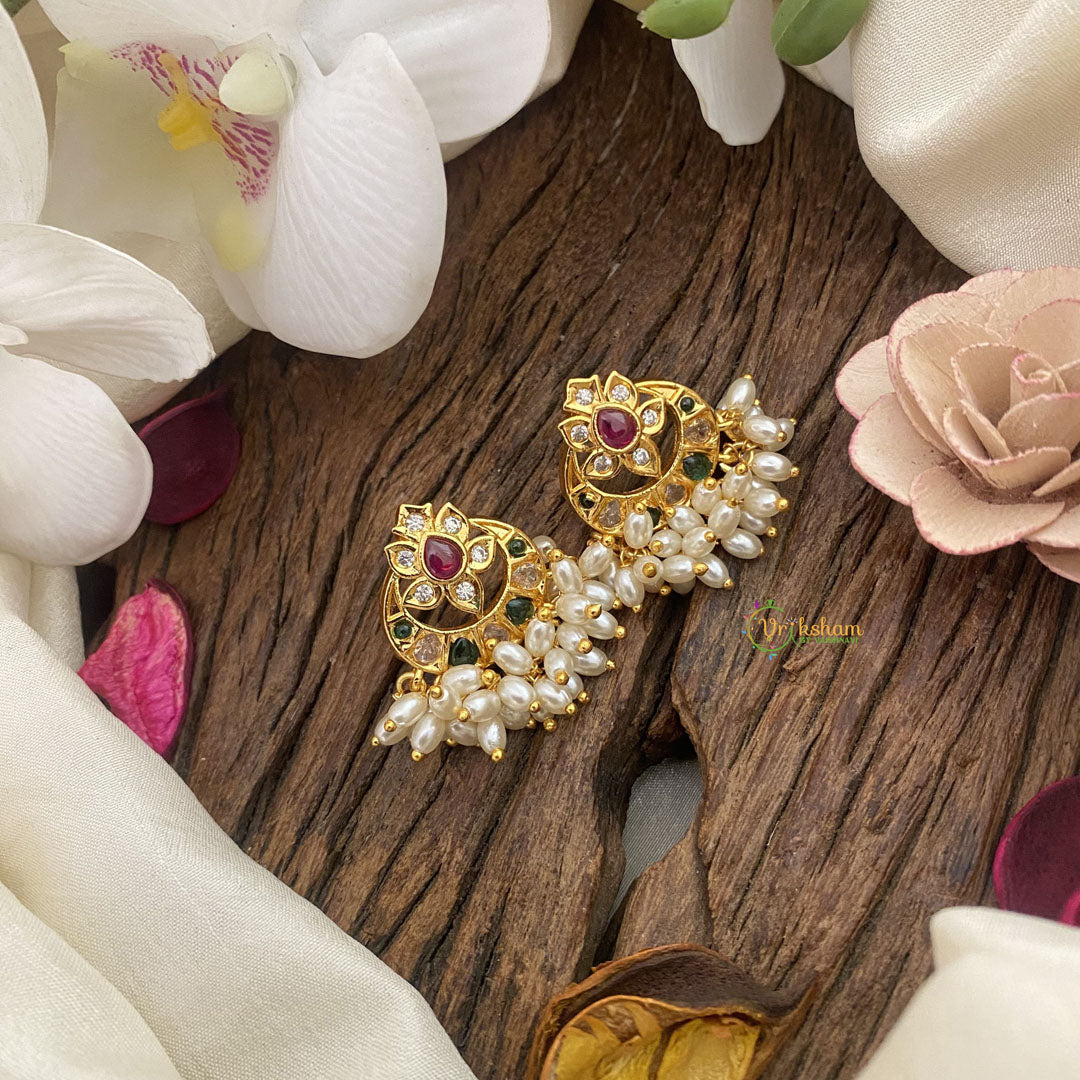 Vriksham Unique Red,Green & White Kemp Stone Chandbali Earrings-Rice Pearls-G16672