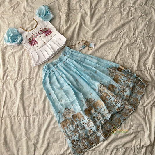 Sky Blue & White Colour Embroidered Girls Lehenga Set -VS3768