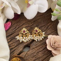 Vriksham Unique Red,Green & White Kemp Stone Chandbali Earrings-Rice Pearls-G16672