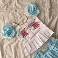 Sky Blue & White Colour Embroidered Girls Lehenga Set -VS3768