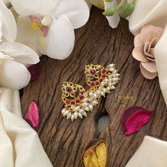Vriksham Unique Red Green Kemp Stone Chandbali Earrings-Rice Pearls-G16652