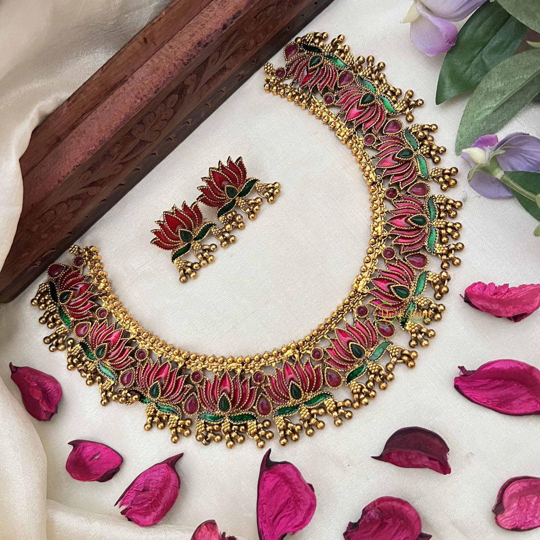 Vriksham Antique Gold Shine Red Lotus Style With Green Leaf Choker Neckpiece-Gold Bead-G20385
