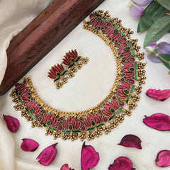 Vriksham Antique Gold Shine Red Lotus Style With Green Leaf Choker Neckpiece-Gold Bead-G20385